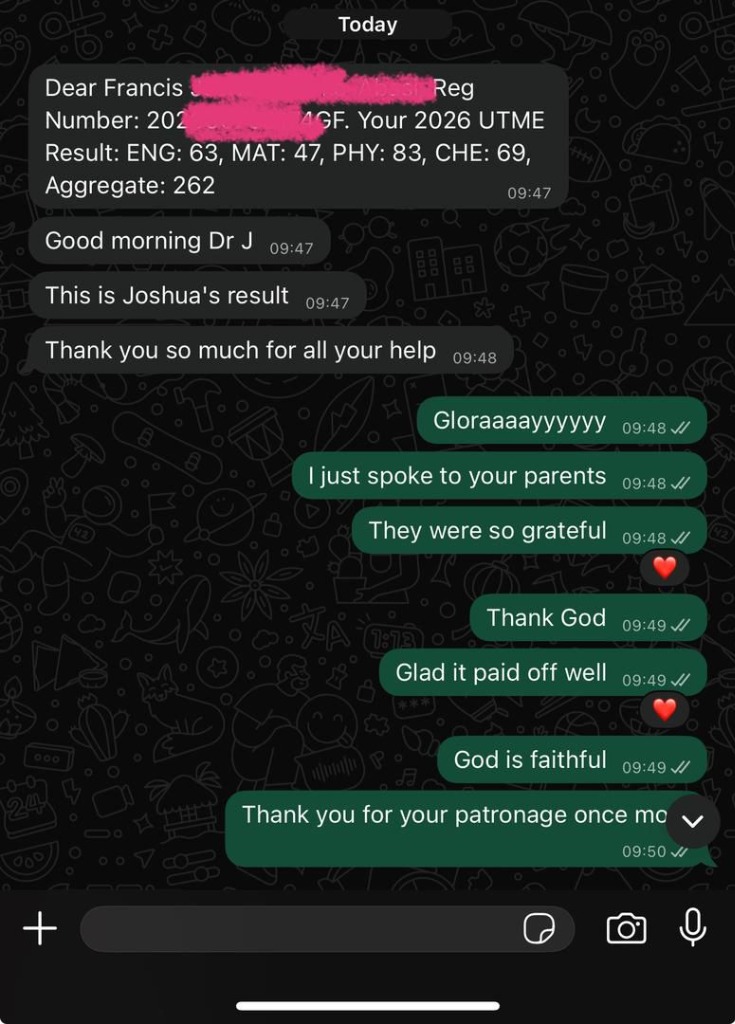 Student Review Screenshot - Joshua UTME 262 Score
